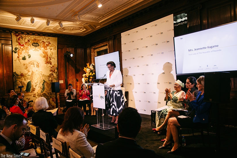 First Lady Mrs Jeannette Kagame  speaking at the Global Hope Coalition event held on the sidelines of the 72nd United Nations General Assembly, September 18, 2017.