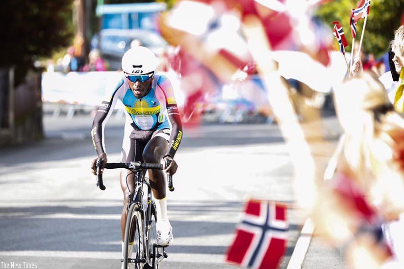 Valens Ndayisenga seen here on Wednesday afternoon in Elite Men's ITT race in Bergen, Norway, failed to finish the Road race on Sunday. (Net photo)