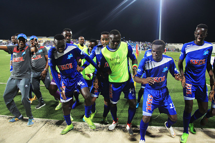 Rayon Sports players celebrate the second goal during the abandoned match at Umuganda Stadium on Saturday. (S. Ngendahimana)