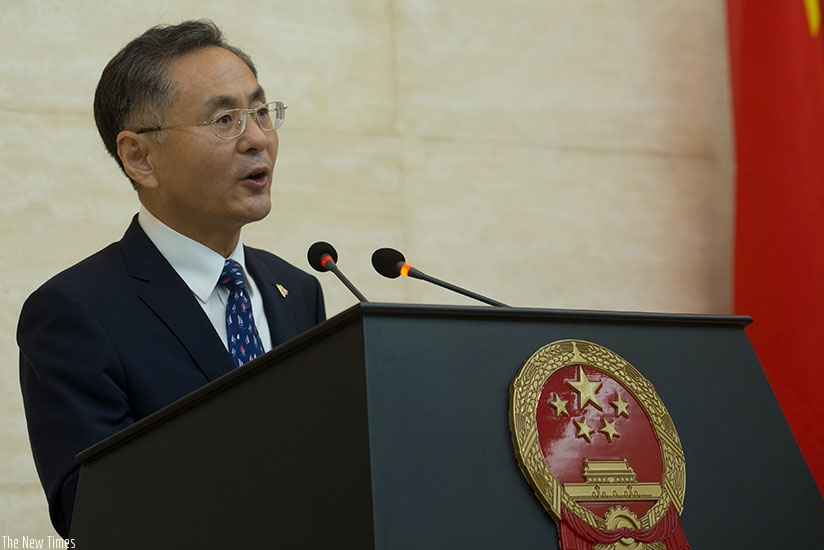 Amb. Rao Hungwei speaks during the celebrations on Wednesday. Timothy Kisambira.