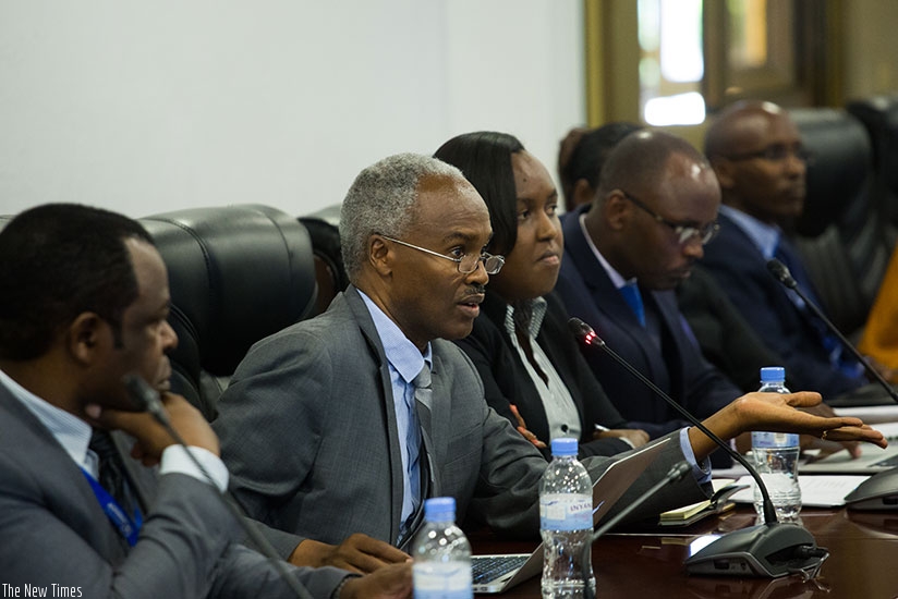 Dr Charles Muligande, the University of Rwanda deputy vice-chancellor for institutional advancement, responds to queries from members of the parliamentary Public Accounts Committee....