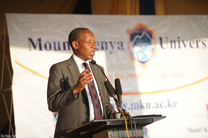 Amb James Kimonyo giving his remarks. He commended Mt. Kenya for introducing science courses.