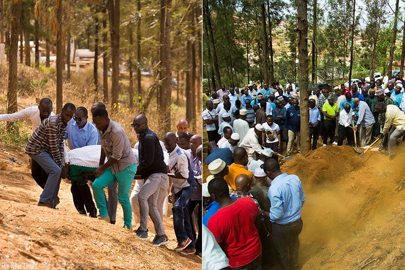 Left, relatives and friends carry the body of Amb. Sued ahead of lowering it into the grave. Right, the burial. / Timothy Kisambira