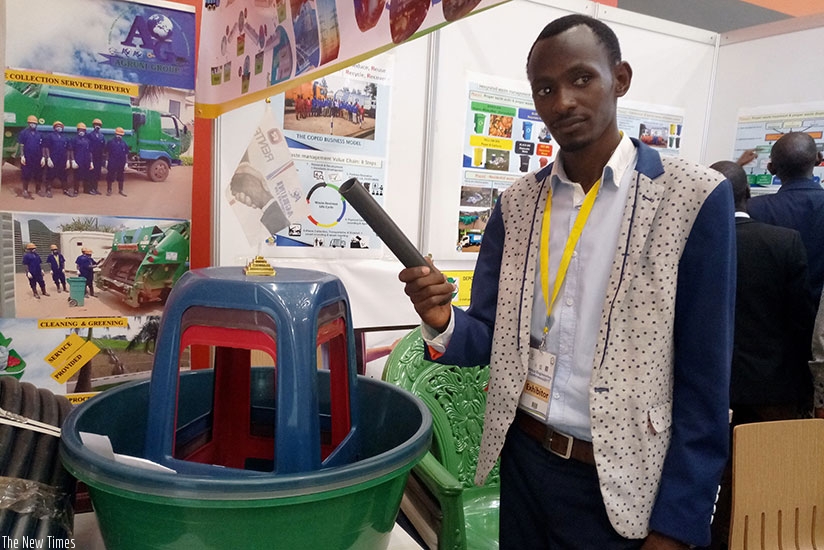Furaha speaks about how Agruni Company Ltd recycles plastic wastes to make valuable products. / Emmanuel Ntirenganya