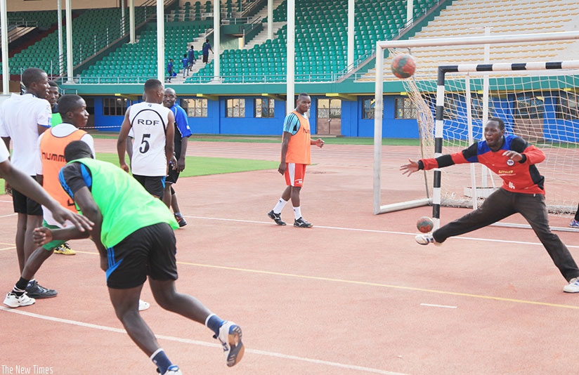 APR Handball players during an intensive training at Amahoro National Stadium. (Sam Ngendahimana)