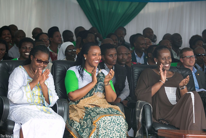 First Lady Jeannette Kagame, Gender and Family Promotion minister Esperance Nyirasafari (C), and other public officials, at the launch of a two-month Integrated Governance and Fami....