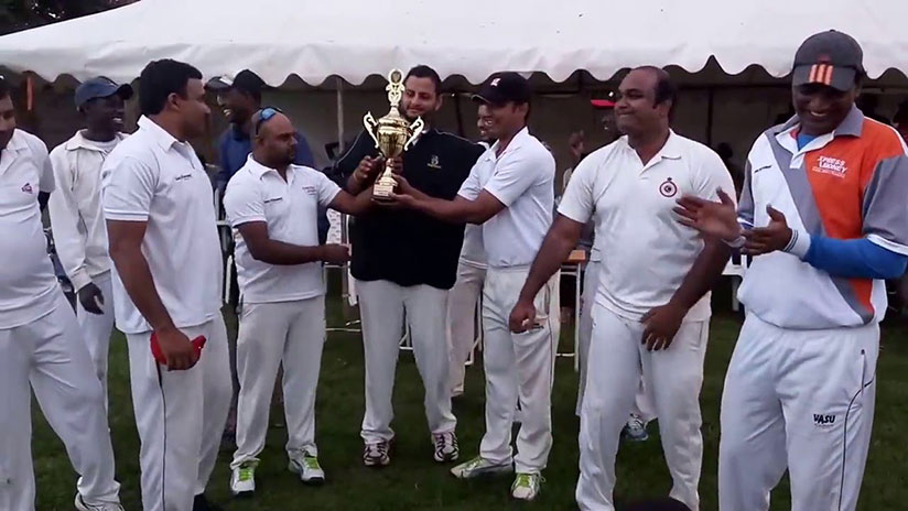 Challengers captain Srinath (2nd right) leads his teammates in cerebration after winning V.R.Naidu Cricket Tournament last year. CCC are chasing a record 4th Computer Point T20 title. / File