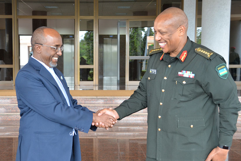 The Eastern Africa Standby Force (EASF) director, Dr Abdillahi Omar Bouh, is welcomed by the RDF Chief of Defence Staff, Gen Patrick Nyamvumba, at Rwanda Defence Force headquarters....