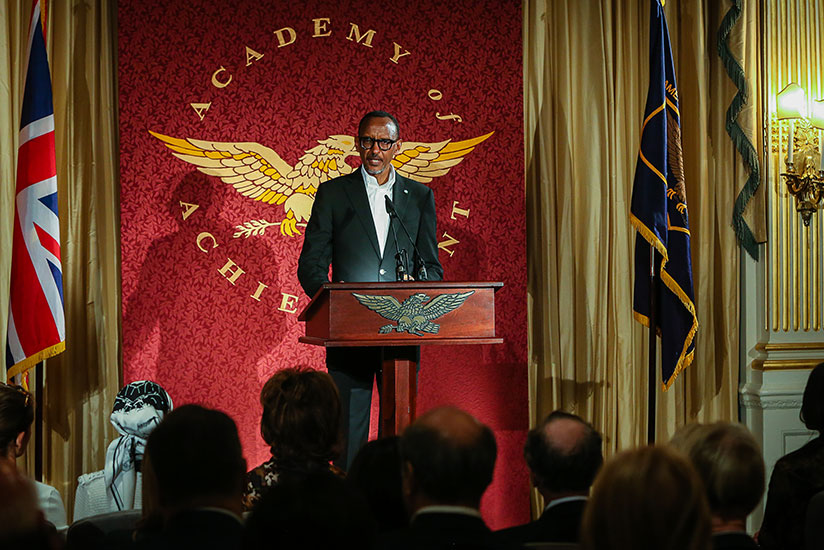 President Kagame speaks at the International Achievement Summit in London, yesterday. At the summit, Kagame was awarded Golden Plate Award from the American Academy of Achievement.....