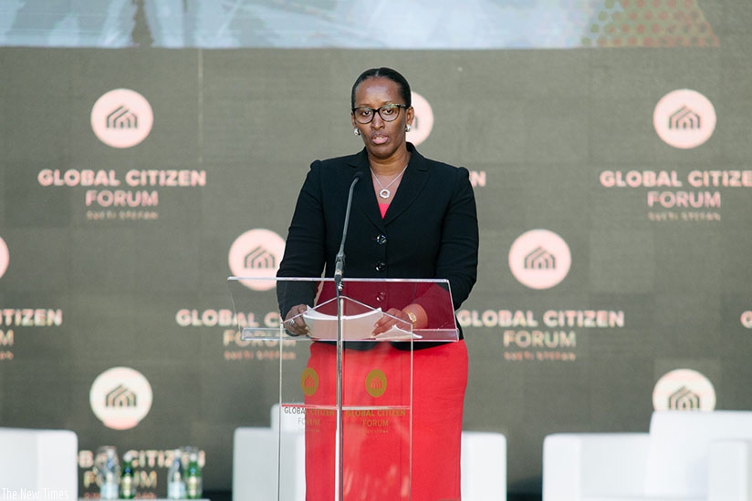 First Lady Jeannette Kagame delivers her remarks on unity and reconciliation, during Day One of the Global Citizen Forum in Montenegro yesterday. Courtesy.