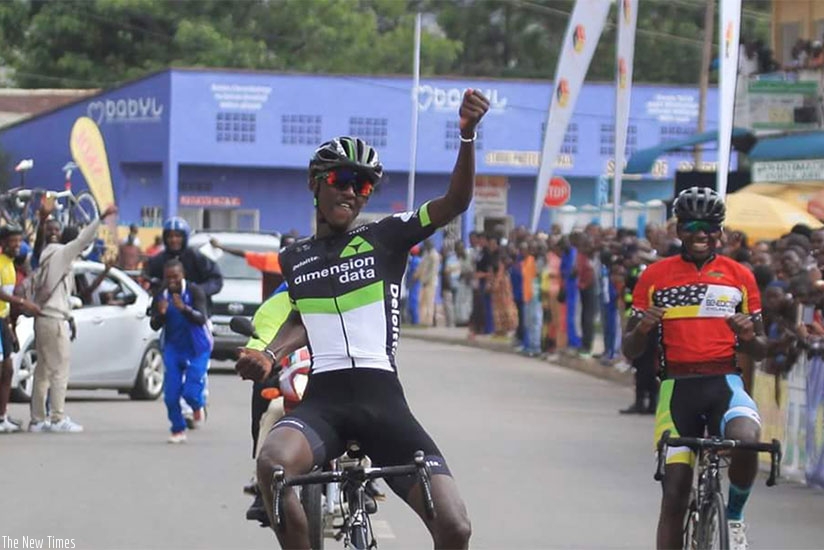 Samuel Mugisha cerebrates after winning race from Nyanza to Rubavu. (Photos by Sam Ngendahimana)