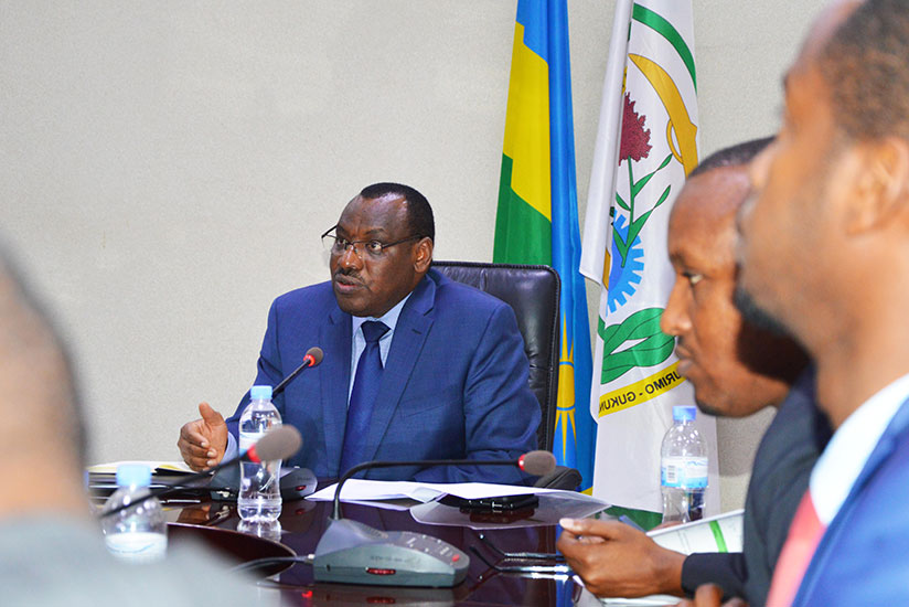 Finance and Economic Planning minister Claver Gatete addresses the media in Kigali, yesterday. / Sam Ngendahimana