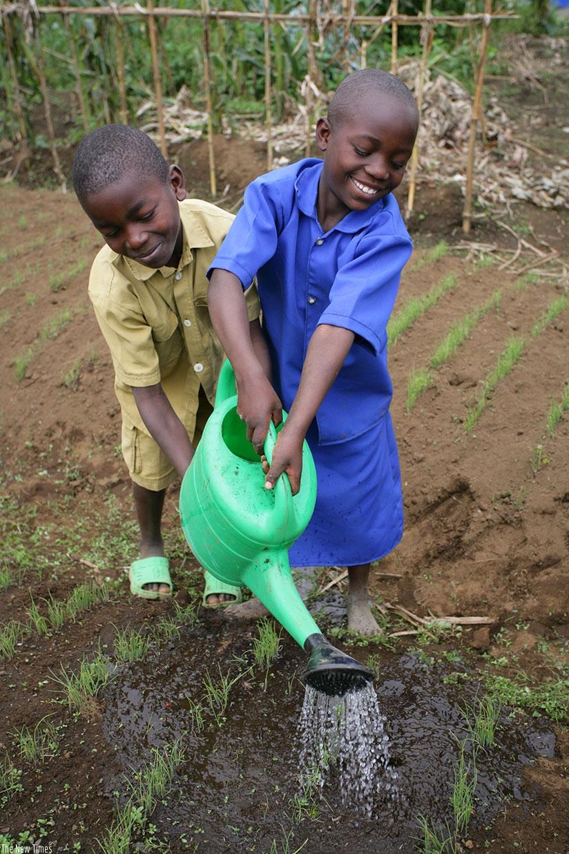Children watering plants. Sometimes to protect the environment, we have to help plants grow. When our planet is strong, weu2019re strong too!rn (u00a9UNICEF Rwanda/2013/Pirozzi)
