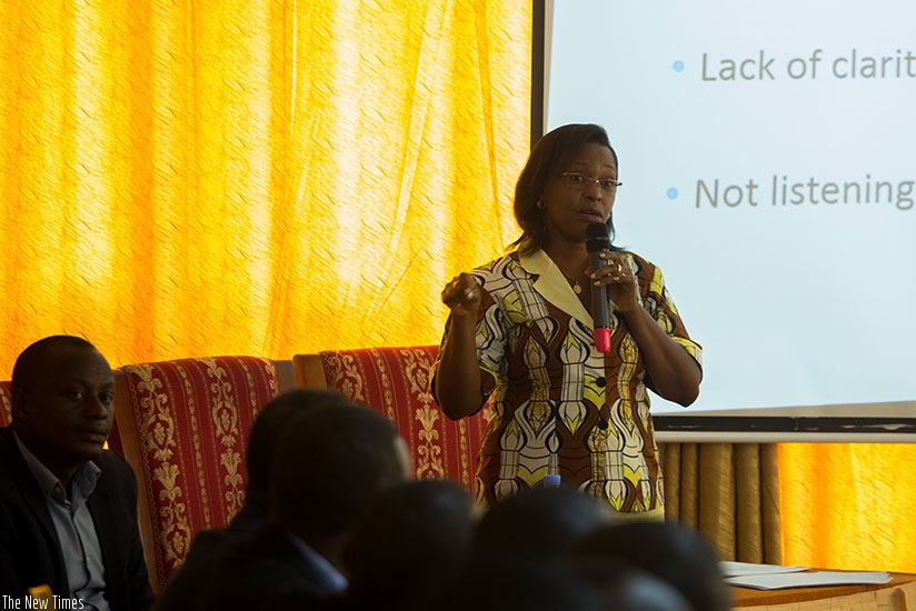 Kalihangabo speaks during the meeting in Kigali yesterday. Timothy Kisambira.