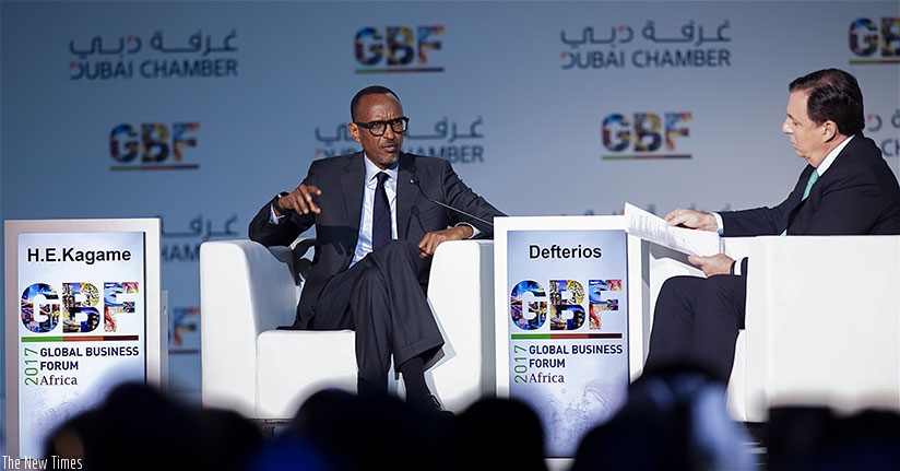 President Kagame speaks during the Heads of State Dialogue on Accelerating African Integration-Speaking One Voice at the 4th Africa Global Business Forum in Dubai, United Arab Emir....