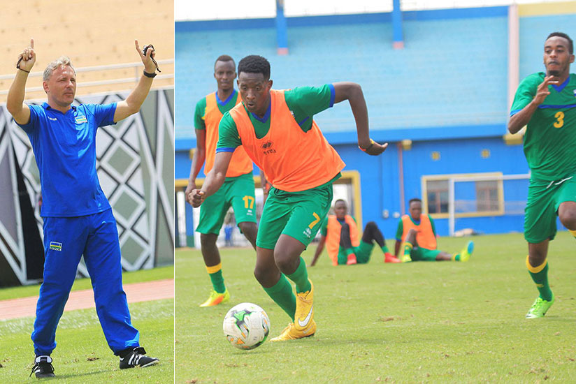 L-R: Amavubi head coach Antoine Hey is optimistic that his side can eliminate Ethiopia and earn a place at the finals tournament for the third time. Police FC striker Biramahire (r....