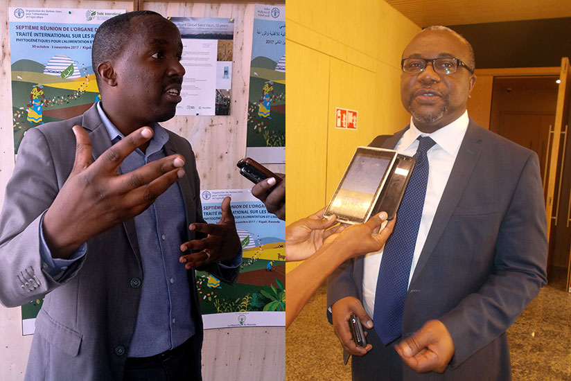 RAB's head of Research Division, Dr. Patrick Karangwa (left), and Kent Nnadozie say it is important for countries to work together to find solutions to diseases and drought affecti....