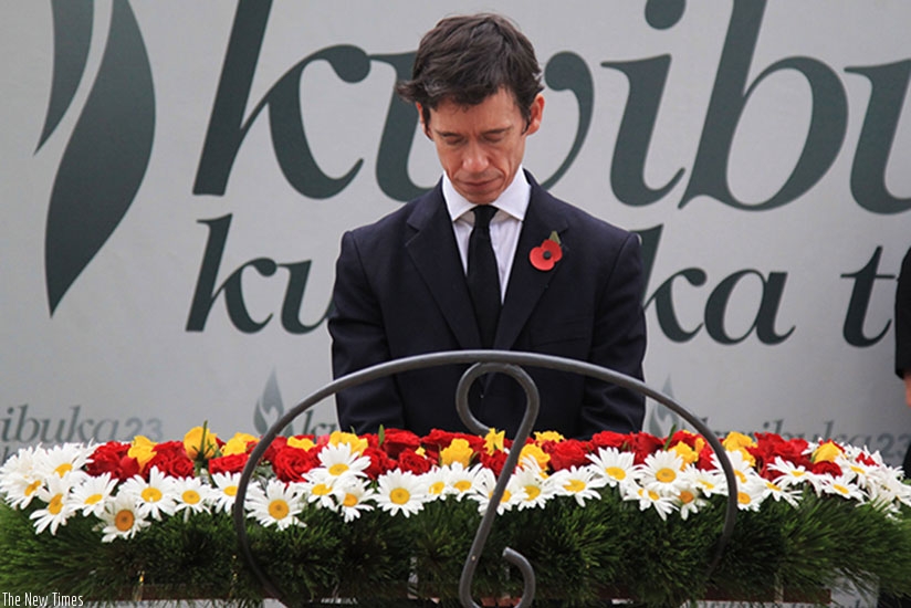The United Kingdom's minister for Africa Rory Stewart lays a wreath at Kigali Genocide Memorial yesterday (Photos by Sam Ngendahimana)