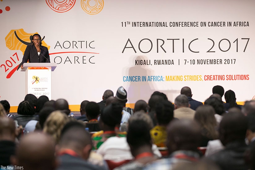 First Lady Jeannette Kagame delivers her opening remarks during the  African Organisation for Research and Training in Cancer (AORTIC) Conference which was held for the first time ....