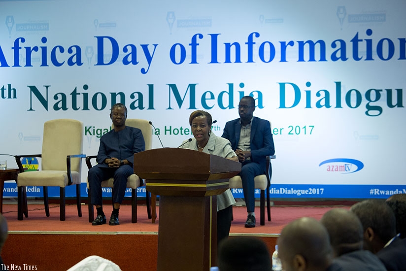 Foreign Affairs minister Louise Mushikiwabo, officially opens the ninth National Media Dialogue that concluded with recognition of outstanding journalists. (Timothy Kisambira)