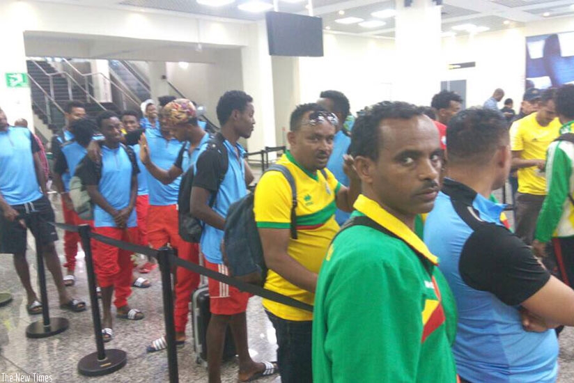 The Ethiopian delegation on arrival at Kigali International Airport on Friday afternoon ahead of Sundayu2019s second leg clash with Rwanda. Courtesy.