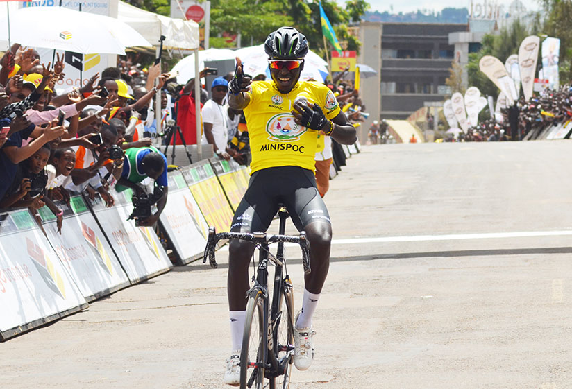 Two-time Tour du Rwanda winner and reigning champion Valens Ndayisenga celebrates his victory in 2016. He will be looking to win Tour du Rwanda 2017. / Sam Ngendahimana