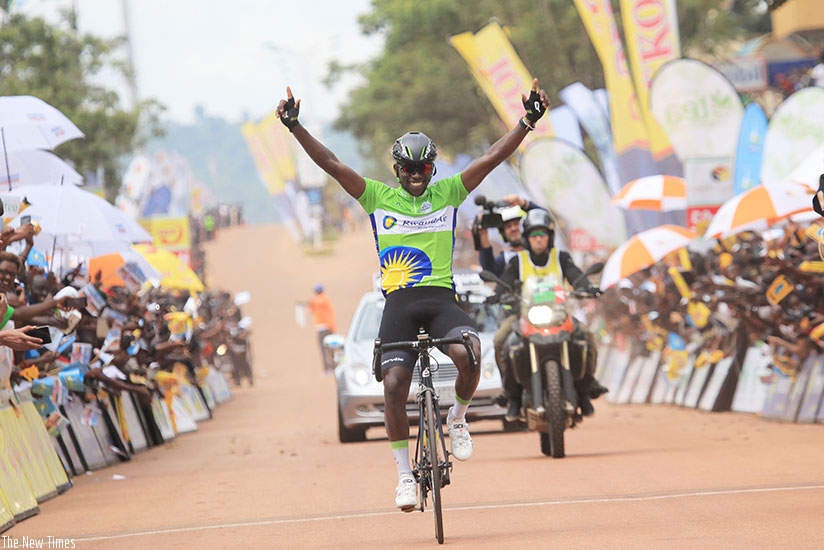 Team Dimension Data rider Joseph Areruya celebrates his solo finish on stage one of Tour du Rwanda 2017 in Huye. (Sam Ngendahimana)