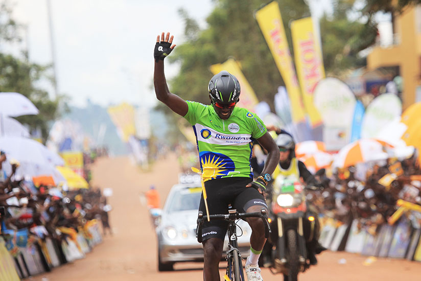 Team Dimension Data rider Joseph Areruya celebrates his win of stage one of Tour du Rwanda 2017 in Huye yesterday. / Sam Ngendahimana