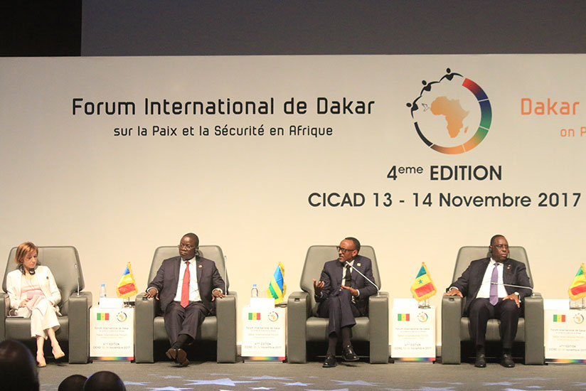 President Kagame speaks at the Fourth edition of the international Forum on Peace and Security in Africa. On the President's left is President Macky Sall of Senegal, while Chadian ....
