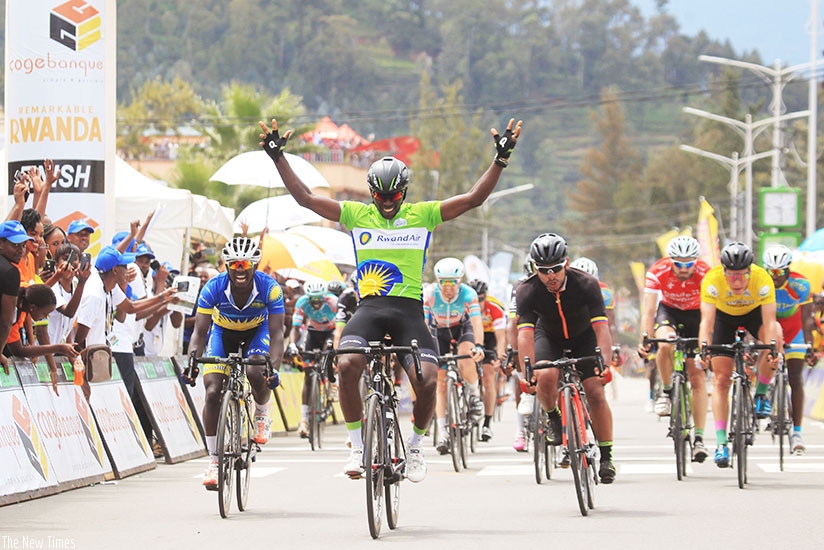 Areruya crosses the finishing line in Rubavu. (Sam Ngendahimana)