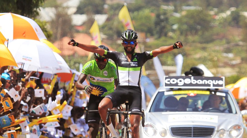 Dimension Data for Qhubeka rider Joseph Areruya (L) has regained yellow jersey as his teammate Eyob Mektel (R) claims stage four on Thursday. Sam Ngendahimana.