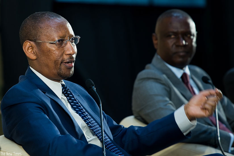 Rwangombwa address the meeting in Kigali yesterday. / Timothy Kisambira