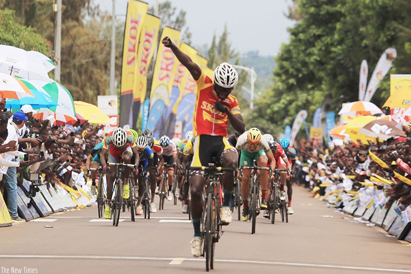 Benediction Club de Rubavu rider Bonaventure  Uwizeyimana celebrates his historic victory as he wins Stage 5 of Tour du Rwanda 2017, Nyamata-Rwamagana on Friday. Sam Ngendahimana.