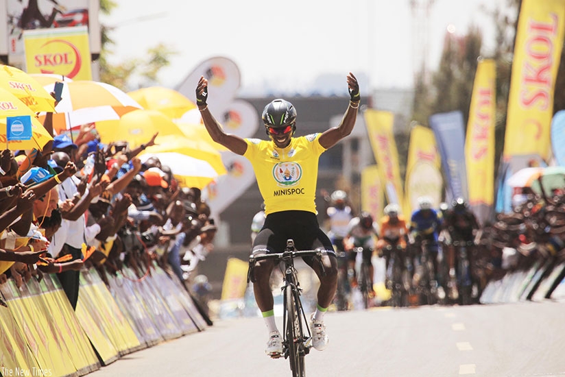 Tour du Rwanda 2017 winner Joseph Areruya celebrates the victory as he crossed the finish line in the final stage on Sunday. S. Ngendahimana