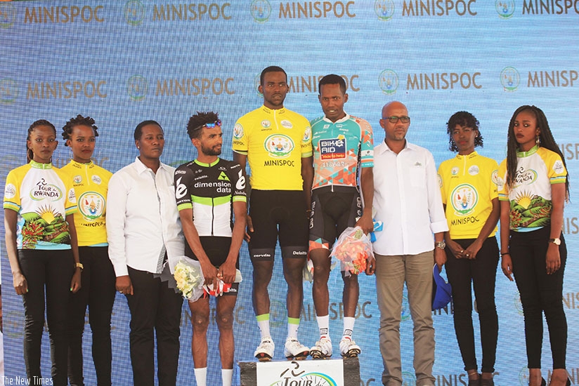 PODIUM GLORY: The Minister for Sports and Culture, Julienne Uwacu (3rd left) and the president of Rwanda Cycling Federation, Aimable Bayingana (3rd right), pose for a group photo w....