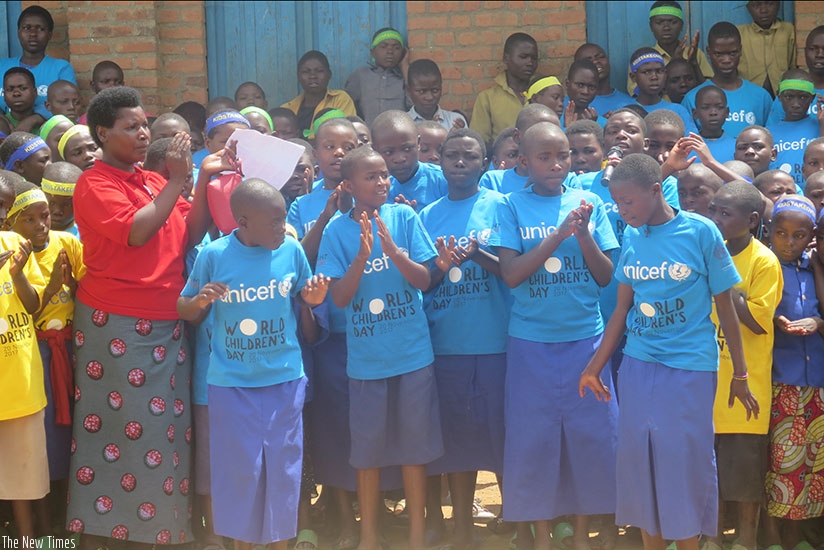 Children took part in different activities to highlight how children's right are abused. This was during the World Children's Day celebrations in Rubavi District on Monday. (Eddie Nsabimana)