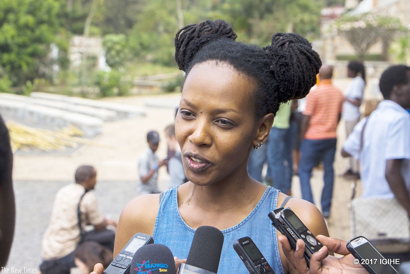Azeda, founder of Mashirika Performing Arts and Media Company, speaking to journalists at a past event. (File)