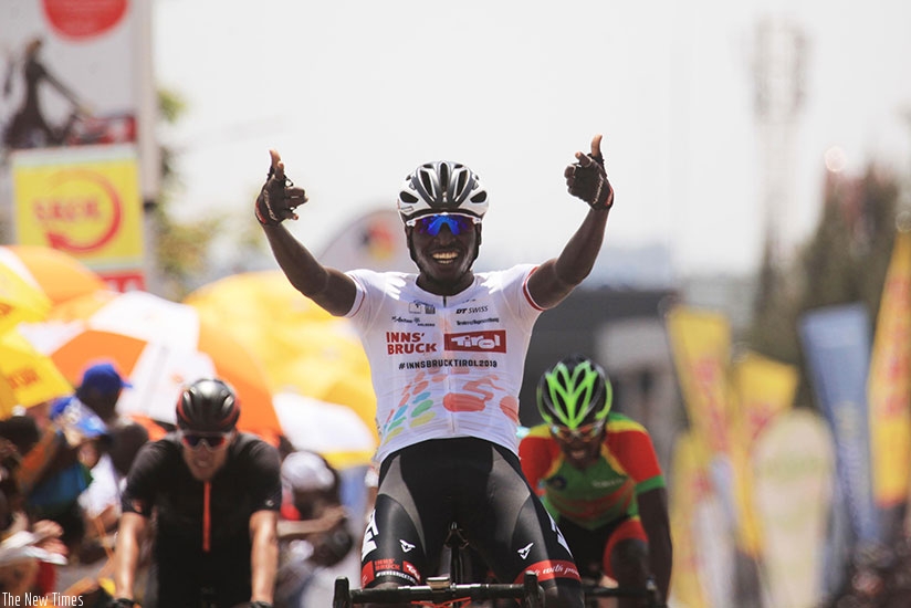 Two time Tour du Rwanda winner Valens Ndayisenga celebrates his victory of stage 7 of Tour du Rwanda on Sunday. (S. Ngendahimana)