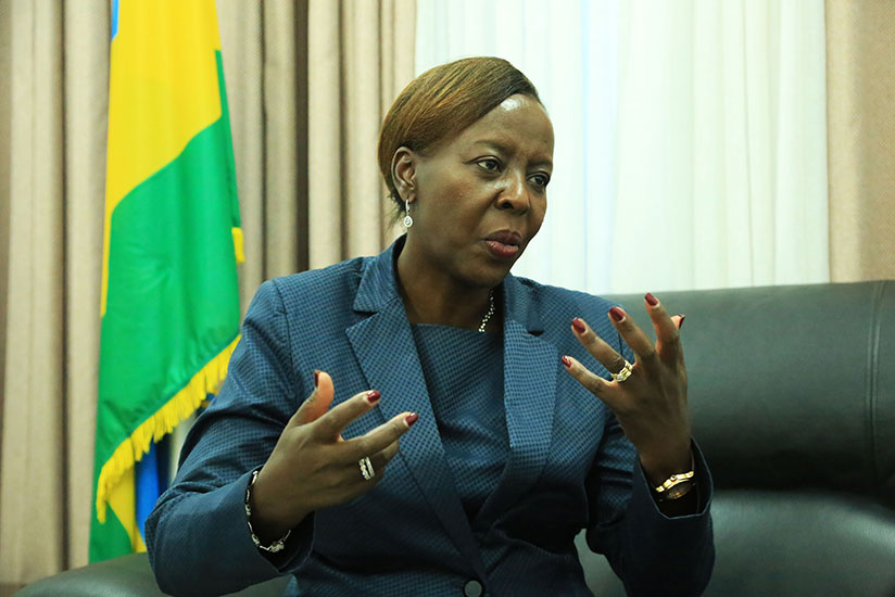 Minister Mushikiwabo speaks to this newspaper about Rwanda's offer to host immigrants in Libya and talks with Israel yesterday. (Sam Ngendahimana)