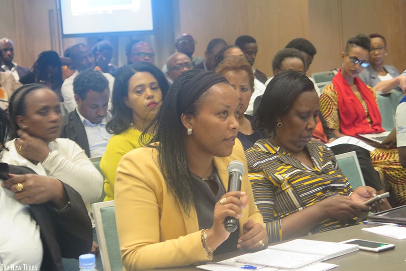 Minister Nyirasafari speaks during the meeting on Thursday. Eddie Nsabimana.