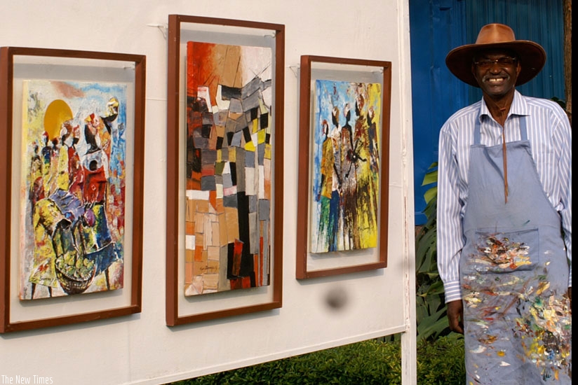 Veteran visual artist, Epa Binamungu displays some of his paintings. Courtesy. 