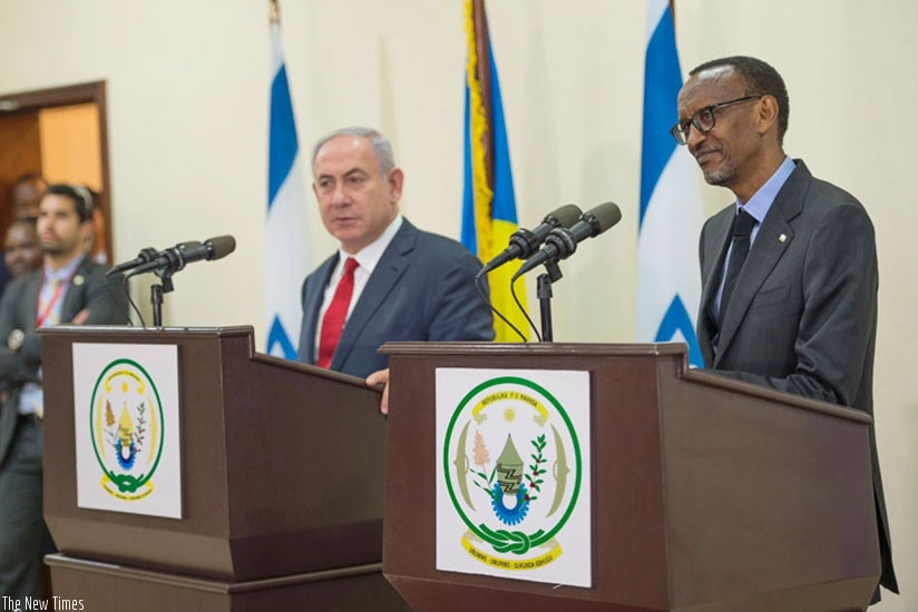 President Kagame and Israel Prime Minister Benjamin Netanyahu address a joint news conference in Kigali during the latter's visit to Rwanda in July last year. (Village Urugwiro)