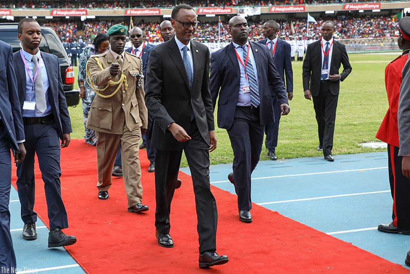 President Paul Kagame on arrival at a fully-packed Moi International Sports Centre, Kasarani in the Kenyan capital of Nairobi for the inauguration of Kenya's president, Uhuru Kenya....