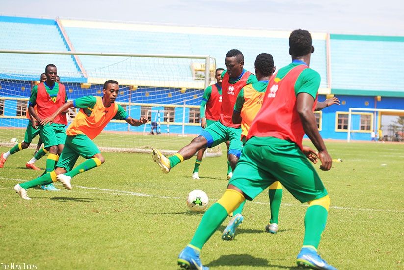 APR FC forward Muhadjili Hakizimana controls the ball during Amavubi training session on Wednesday. Sam Ngendahimana.