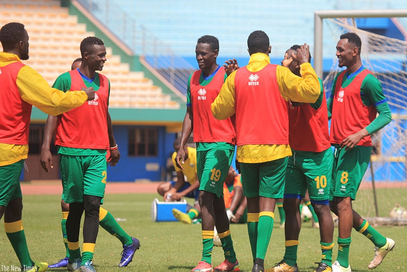 Amavubi players in jovial mood during a training session at Amahoro National Sstadium on Wednesday. Sam Ngendahimana