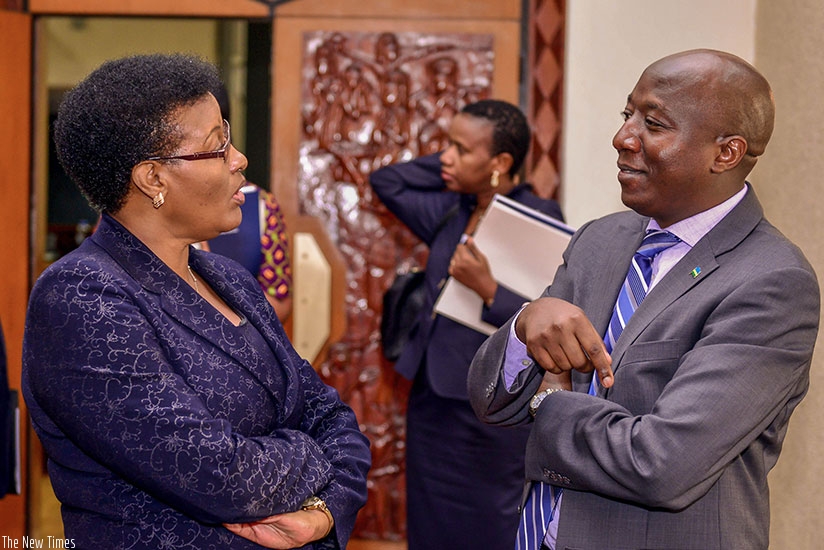 PM Ngirente chats with Speaker Donatille Mukabalisa after the session. N Imbabzi.