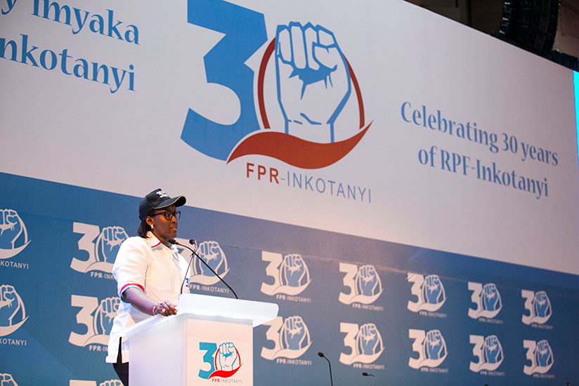 First Lady Jeannette Kagame speaking during the RPF Women's League Extraordinary Congress, which saw close to 2,000 women participate.