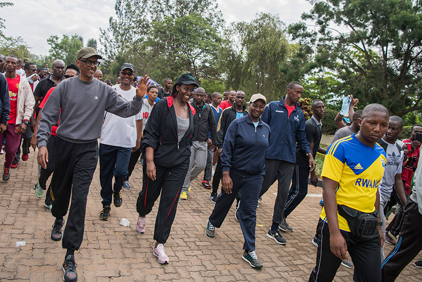 President Kagame and First Lady Jeannette Kagame take part in a walk alongside Kigali residents as part of the city's monthly car-free zone day dedicated to pedestrians and cyclist....