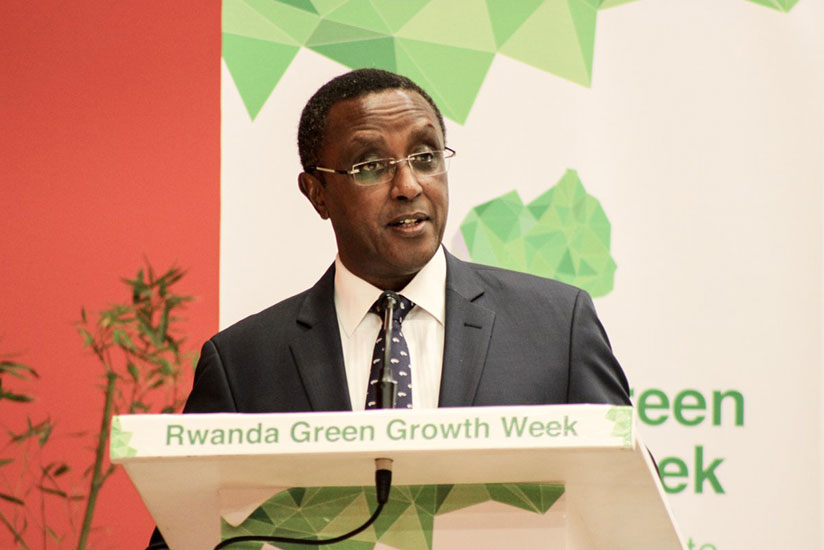 Environment Minister, Vincent Biruta makes his opening remarks at the launch of the Green Growth Week at Kigali Convention Centre on Monday. (Courtesy photo)