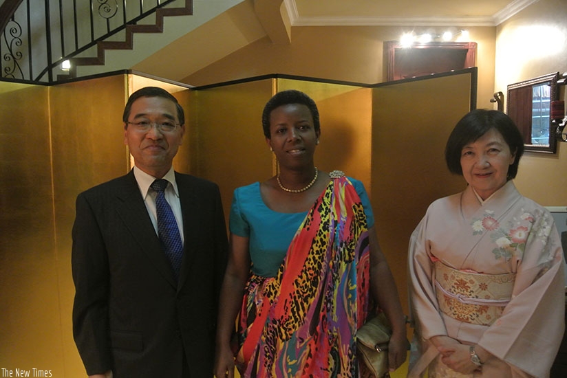 The Japanese envoy, his wife and minister Germaine Kamayirese. (Courtesy)